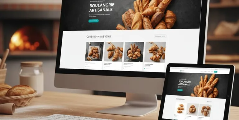 Site internet de boulangerie affiché sur ordinateur, tablette et téléphone